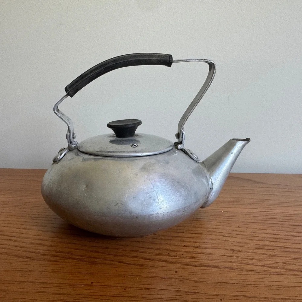Vintage Aluminum Tea Kettle Cow Graphic Farmhouse‎ Decor Rustic Teapot Small